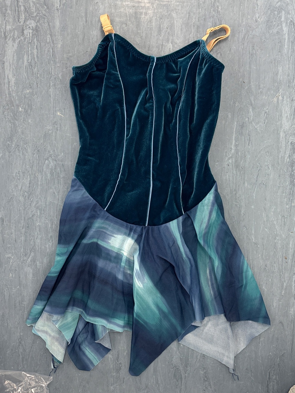 Teal Velvet Bodice Handkerchief Hem Mini Dress